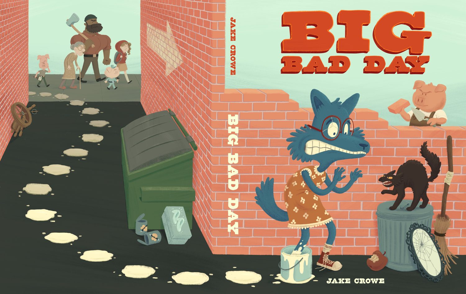 Full picture-book cover spread: a nervous blue wolf in a flowery dress trailed by fairy-tale villains down an alley.