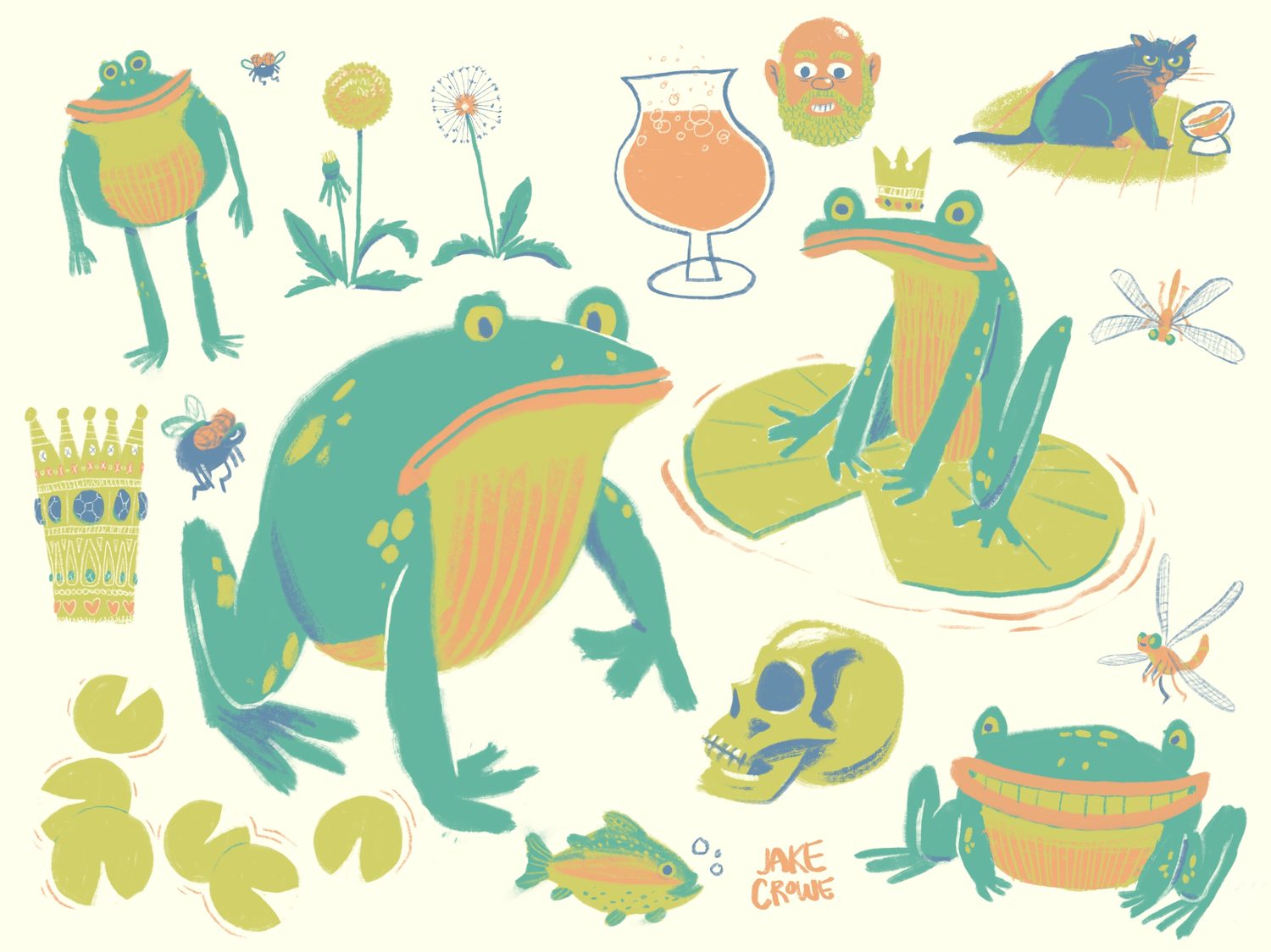 A loose flash sheet of frog characters, lily pads, dragonflies and props in greens and corals.
