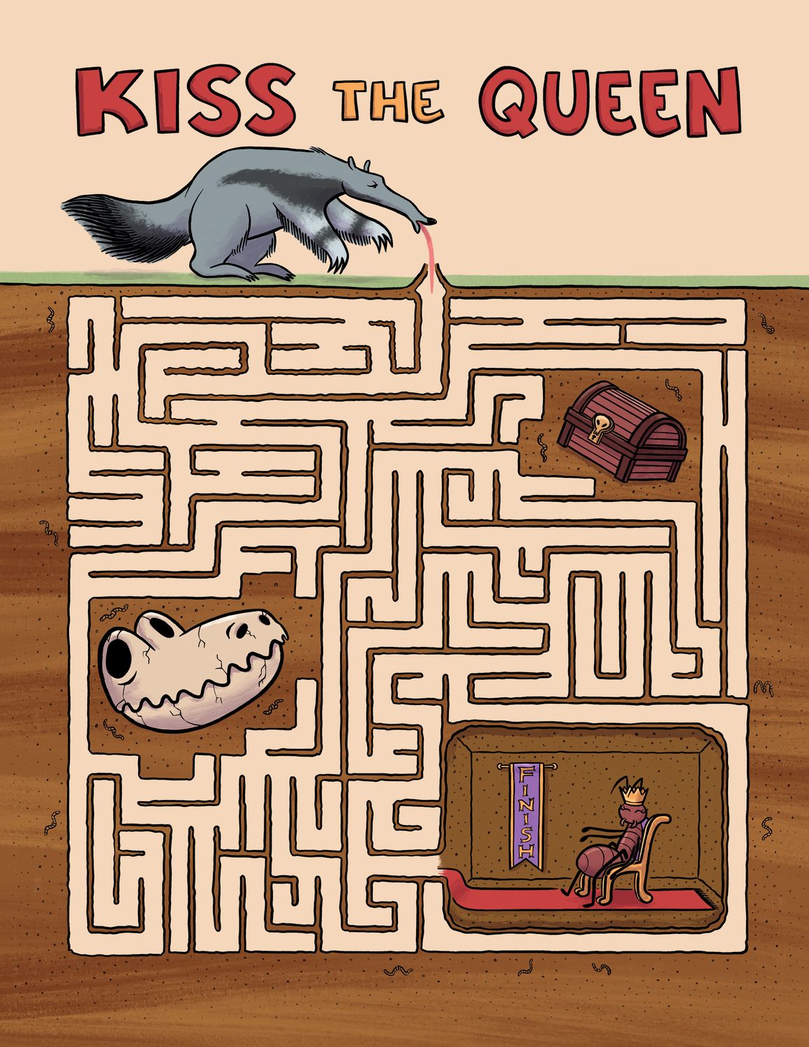 An underground ant-colony cross-section maze entered by an anteater's tongue, finishing at the ant queen on her throne.