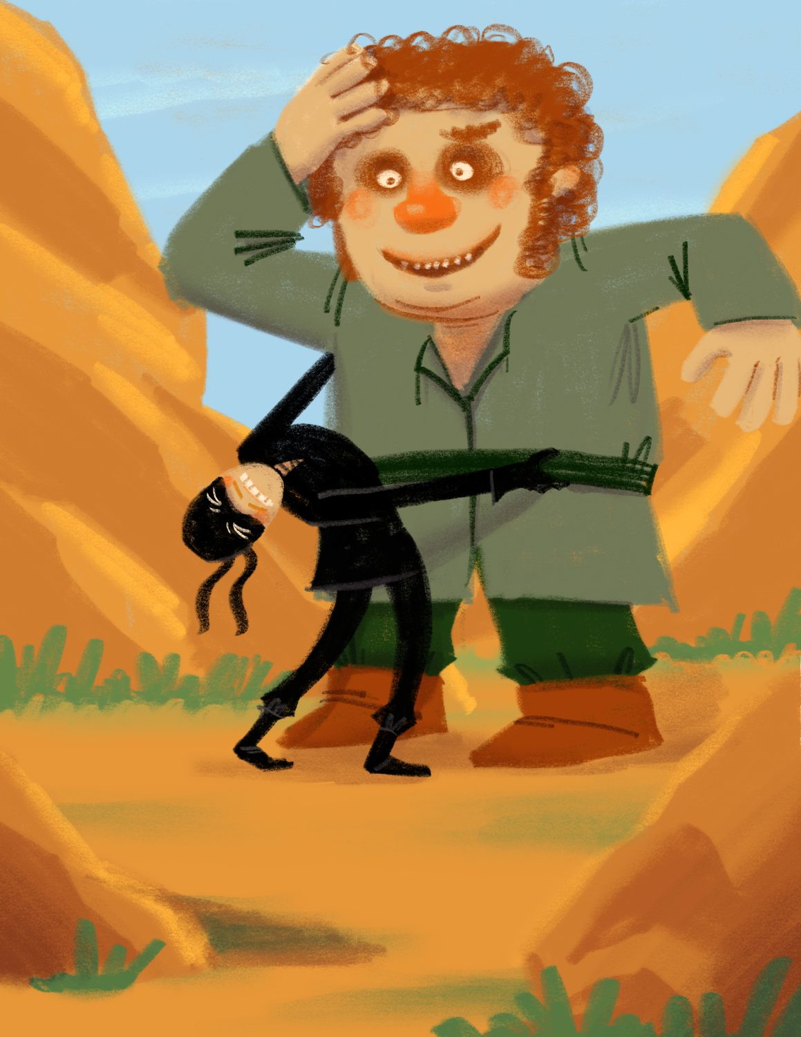 A gentle giant carries a tiny ninja by the belt through a desert canyon.
