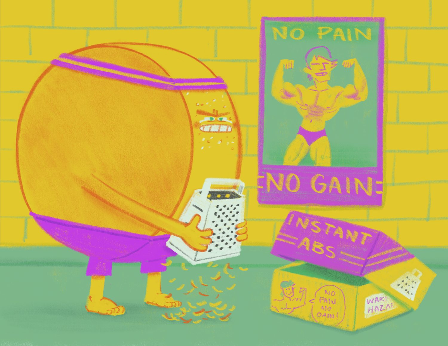 A cheese wheel at the gym grating itself into shreds beneath a No Pain No Gain poster.