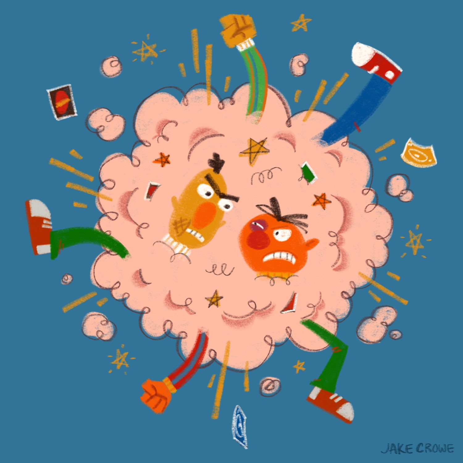 A cartoon dust-cloud brawl with two faces and flailing limbs flying out of it.