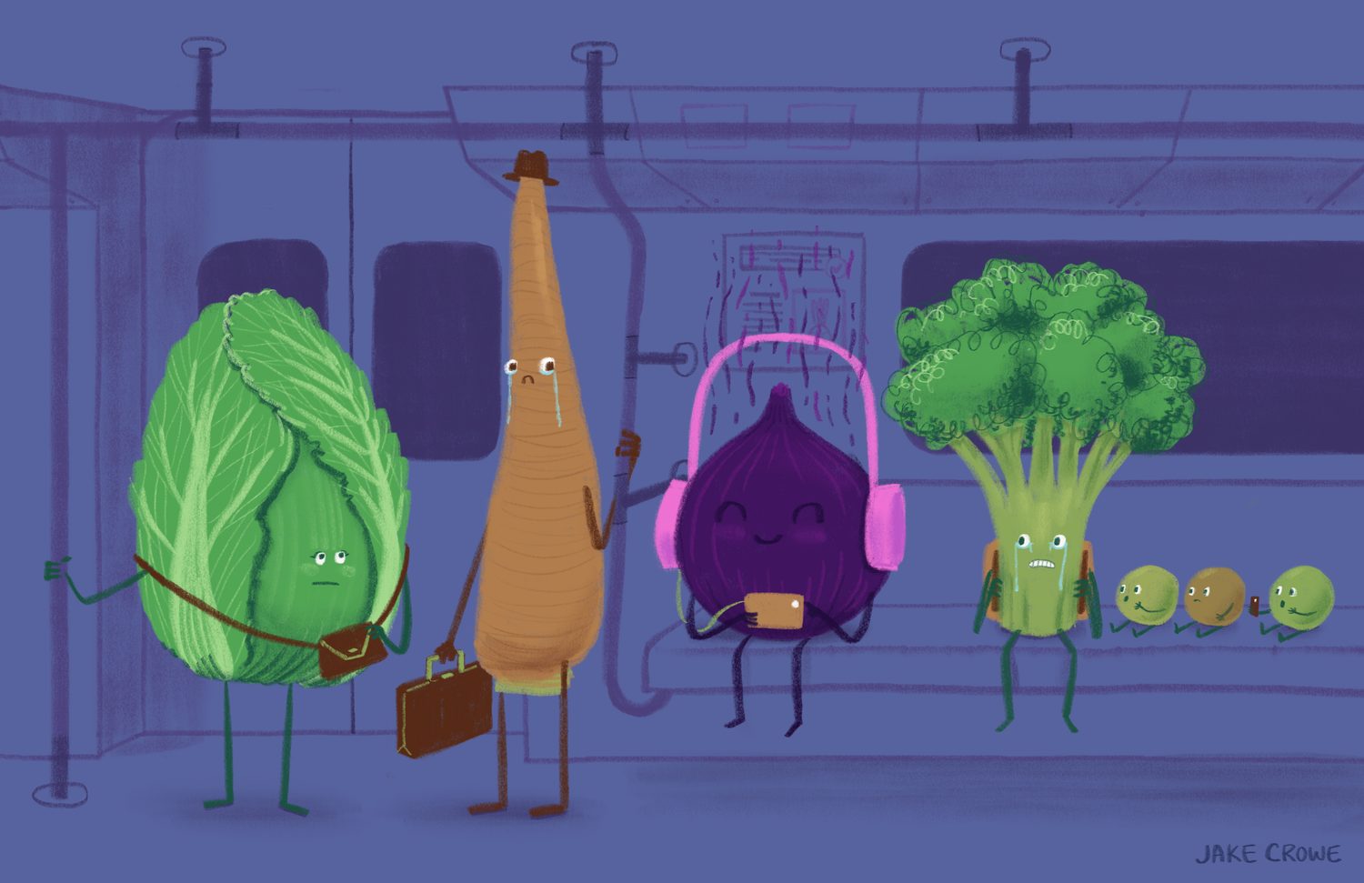 Anthropomorphic vegetables ride a subway carriage: a briefcase-carrying parsnip, a headphoned onion and a broccoli with sprout children.