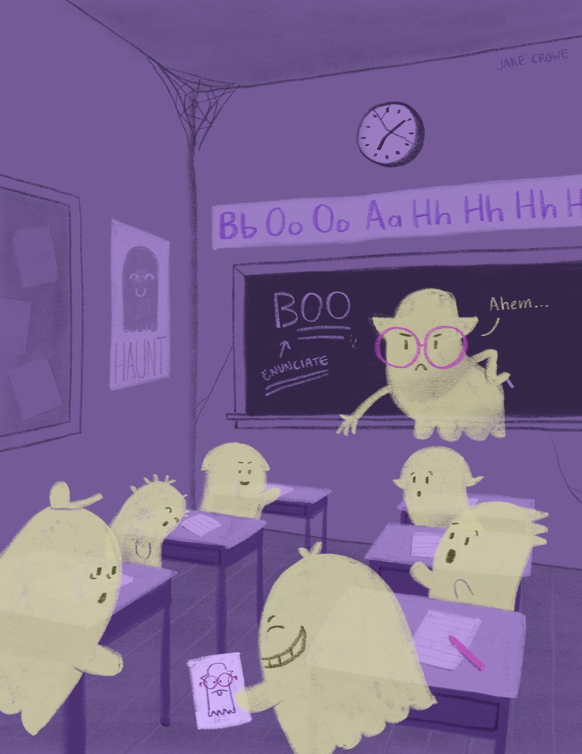 A ghost teacher at a chalkboard instructing young ghosts to enunciate the word BOO.