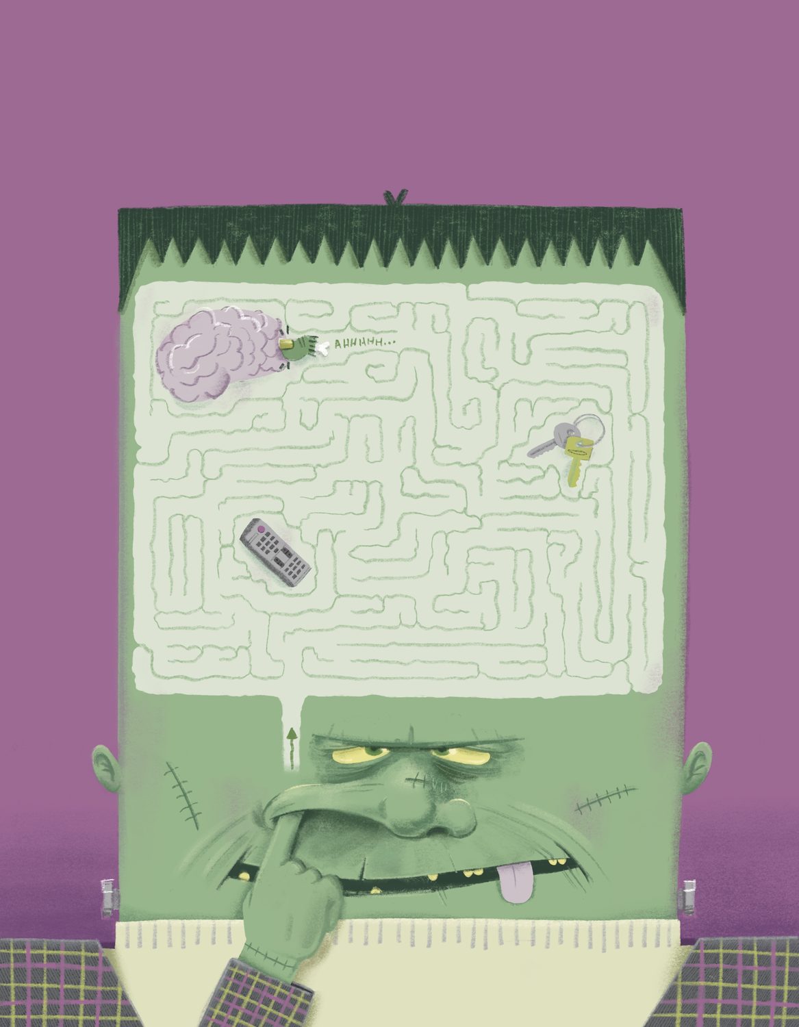 A maze set inside Frankenstein's open head, with a brain, remote and keys lost in the corridors and a grumpy face below.