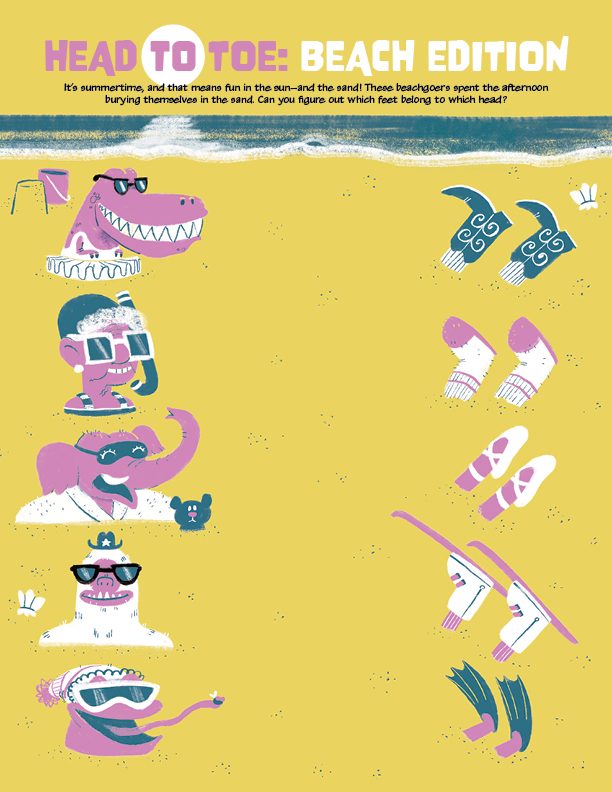 A beach matching puzzle asking which buried feet belong to which animal sunbather's head.