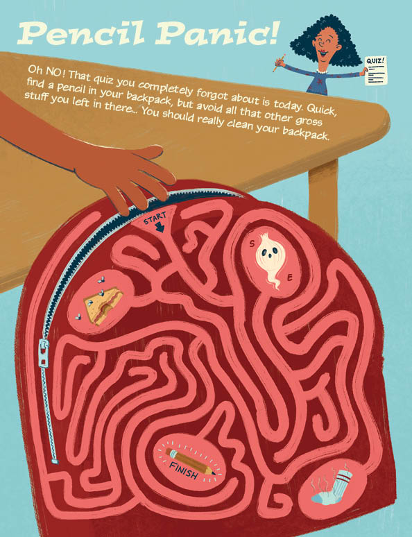A maze built from a backpack and quiz, with on-theme school-supply humour.