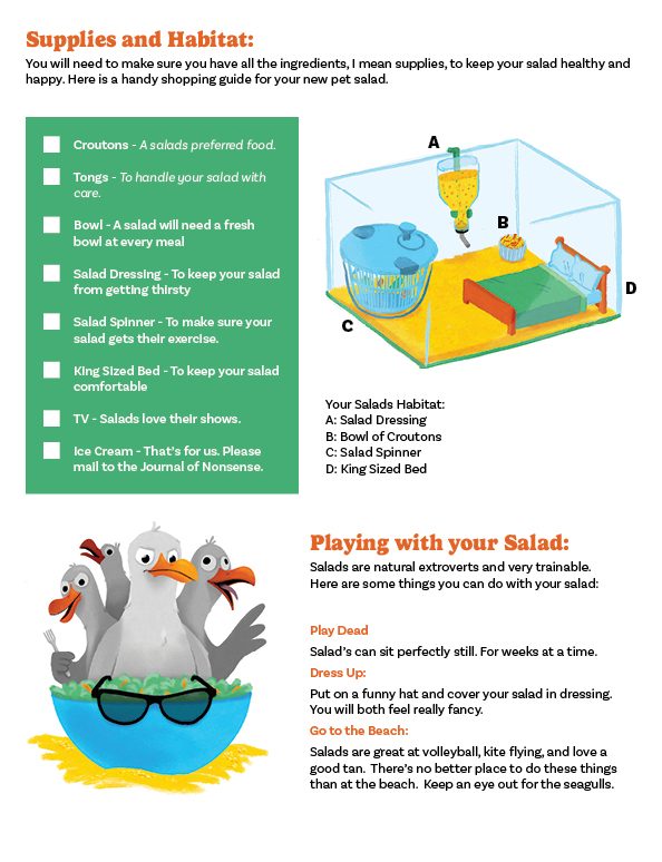 Page two of the pet salad care guide, with a habitat diagram and a fake order form.
