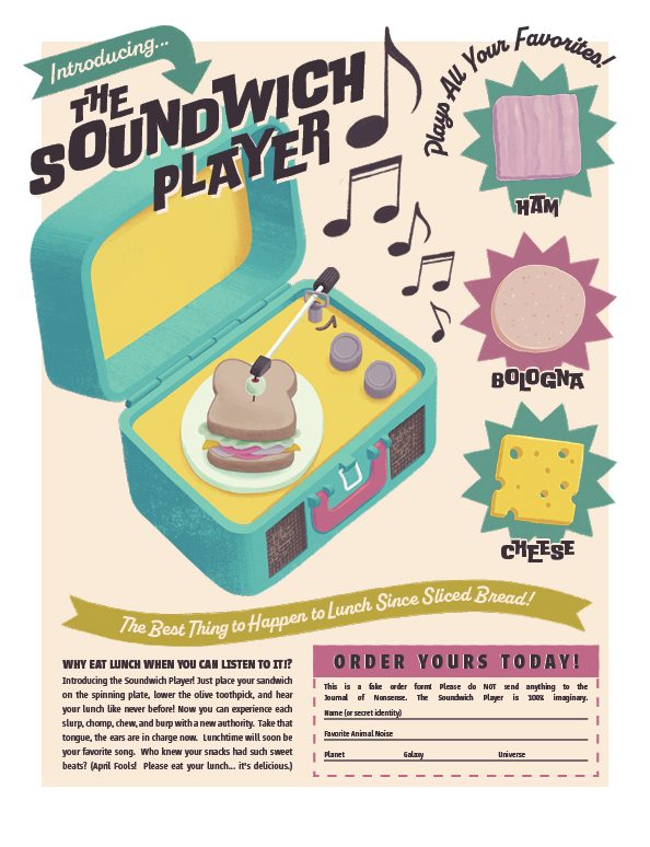 A fake retro advertisement for a record player that plays sandwiches, with ham, bologna and cheese 'records'.