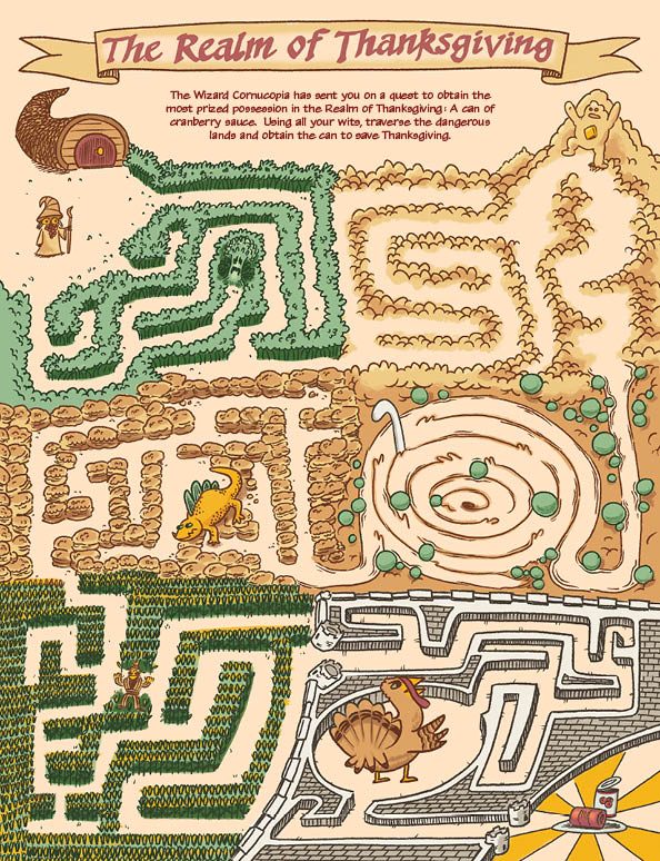 A fantasy quest maze across forest, desert, cornfield and dungeon terrain to retrieve a can of cranberry sauce.